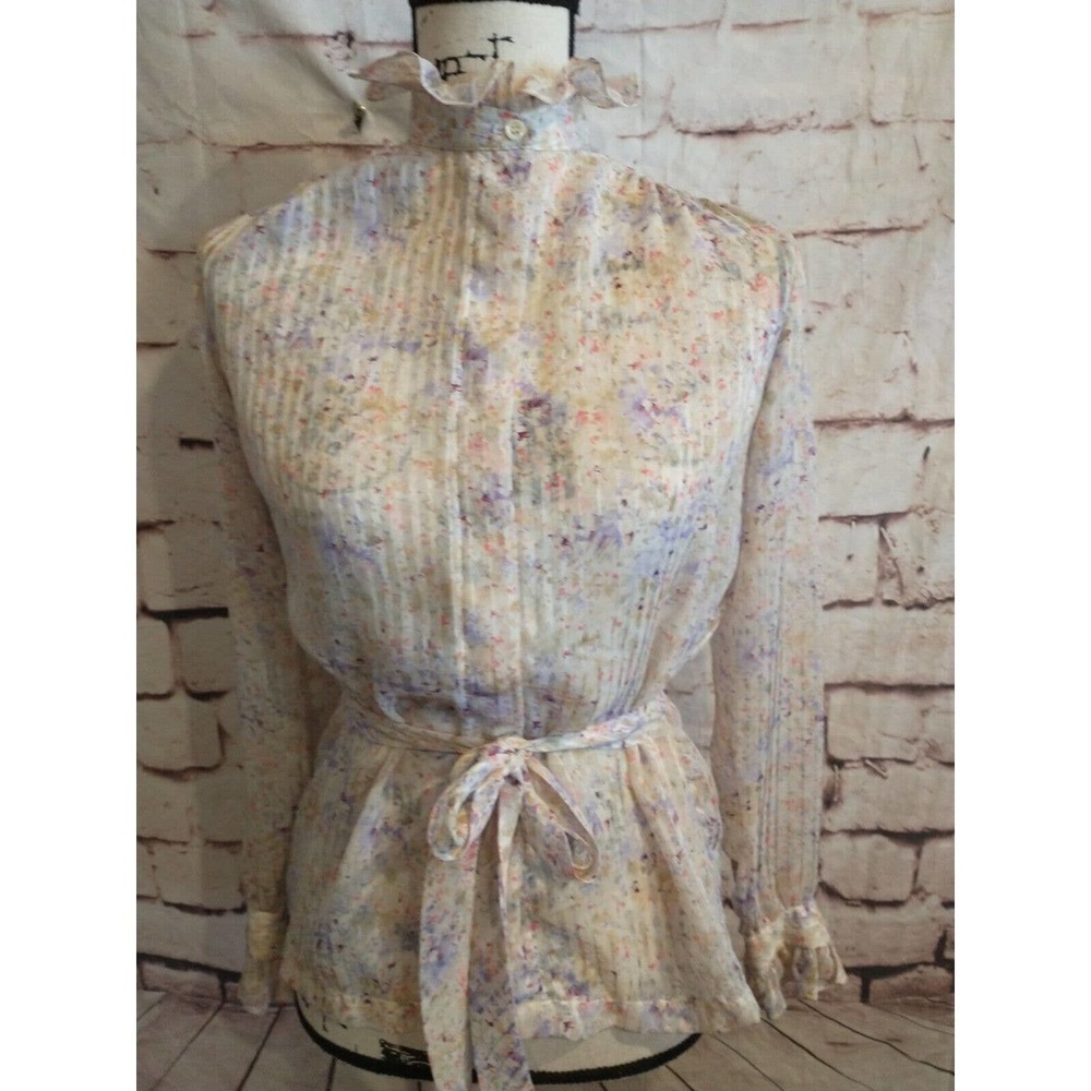 Vintage 80’s Shapely 8 watercolor floral ruffle button high neck blouse belted